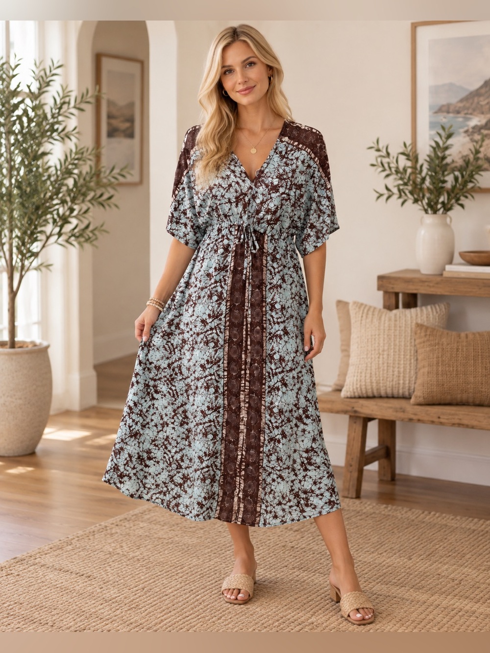 Free People Boho Tie Dye Maxi Dress Blue Brown Cinch Waist
